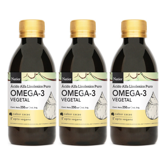 Natier Kit X3 Suplemento Omega 3 Vegano Sabor Cacao 250ml 6c