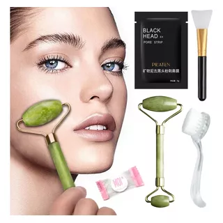 Kit Para Cuidado Facial Rodillo Piedra Jade Natural Cepillo