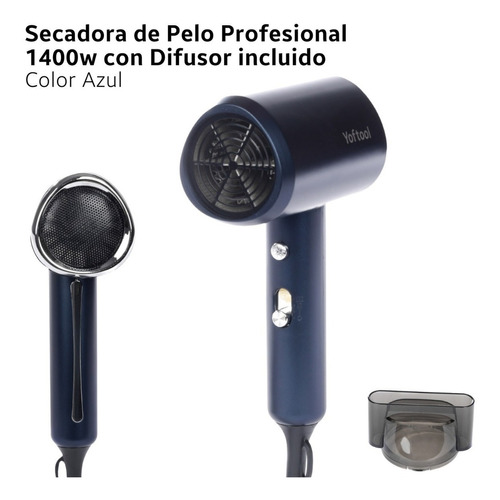 Secadora De Cabello Professional De Iones 3 Velocidades Yoftool Sp1400w1 Portatil Y Ligera Con Difusor Color Azul Moderna 1400w