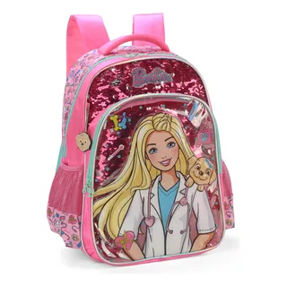 Mochila Escolar Rosa Barbie Veterinária Maxlog Acompanha Pet