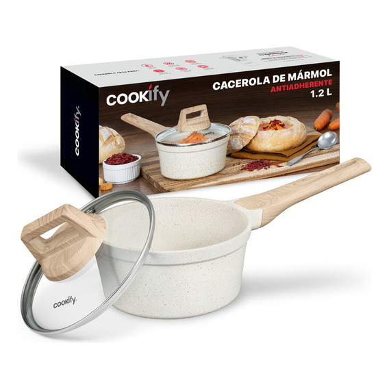 Olla Cacerola Antiadherente 16 Cm Con Tapa Cookify 1.2 Lts. | Stone-tech Series | Libre De Pfoa, Cocción Uniforme, Mango Ergonómico. Color Mármol Beige
