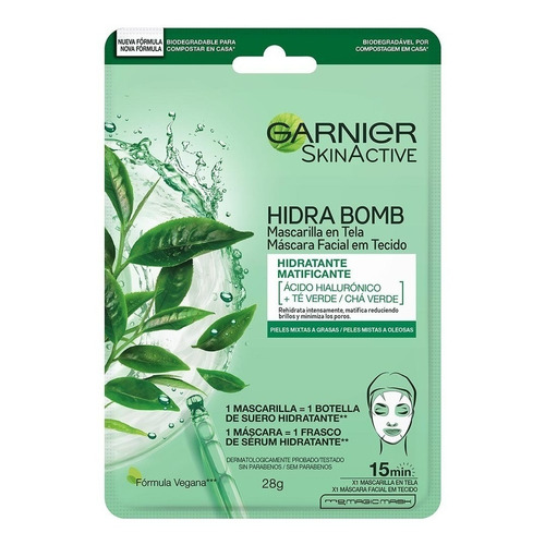 Mascarilla Facial Garnier Skinactive Hidra Bomb Con de Té Verde y Ácido Hialurónico 28g