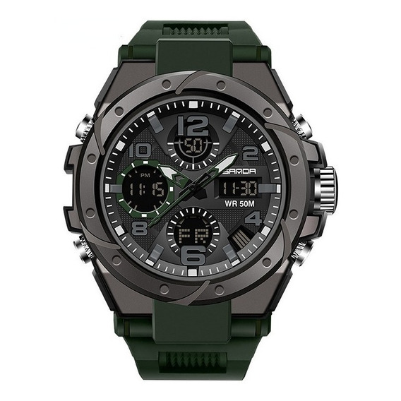 Reloj pulsera Sanda 6008 de cuerpo color negro, analógico-digital, para hombre, fondo negro, con correa de resina color verde, agujas color verde y gris y negro, dial negro, subesferas color verde y n