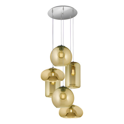 Colgante 6 Luces Desigual Ambar Base Redonda Apto Led E27 Cromo/ambar