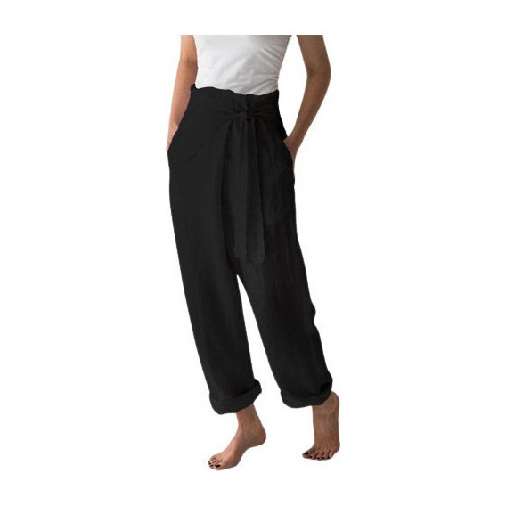 Pantalones Casual De Cintura Alta Algodón Y Lino Para Mujer