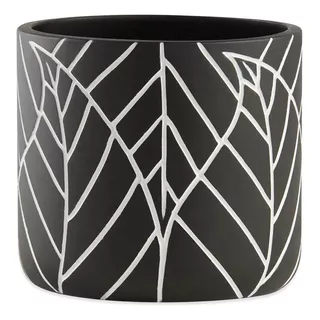 Vaso Cachepot Em Cimento Decorativo Folhas Preto - 15x13cm Cor Preto E Branco