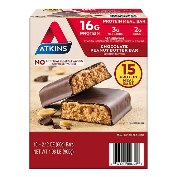 Barras Nutritivas Proteína Atkins Chocolate Cacahuate 15pzs