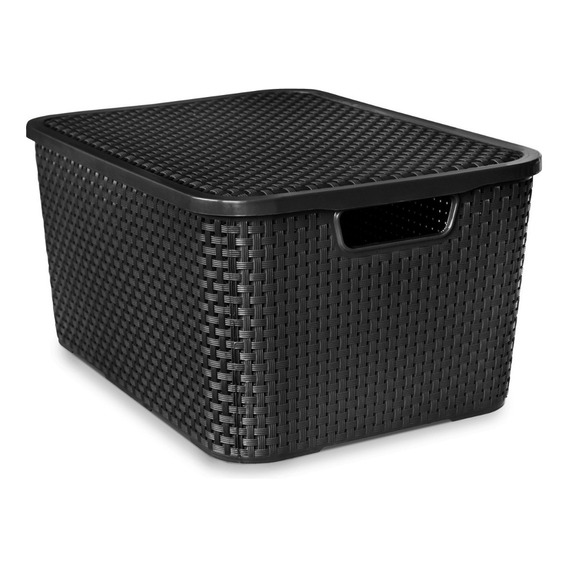 Caja Cesto Canasto Organizador Rattan 15lts Tapa - Negro