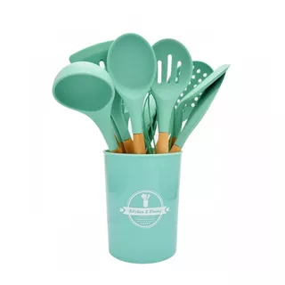 Set Utensilios De Cocina En Silicona 12 Piezas Mango Madera