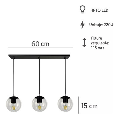 Colgante 3 Luces Globo 15cm Negro Moderno Apto Led E-27