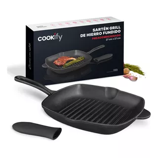Sartén Grill De Hierro Fundido Cookify 27 Cm | Ferro-lux Series | Cocción Uniforme, Ideal Para Asador. Color Negro