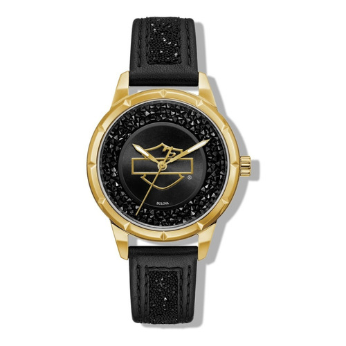 Reloj Harley-davidson By Bulova B&s Para Mujer 77l111 Color de la correa Negro Color del bisel Dorado Color del fondo Negro