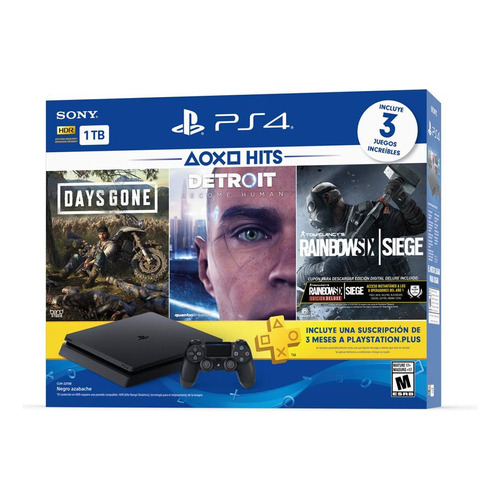 Sony PlayStation 4 Slim 1TB Hits Bundle: Days Gone/Detroit: Become Human/Tom Clancy's Rainbow Six Siege Deluxe Edition color  negro azabache