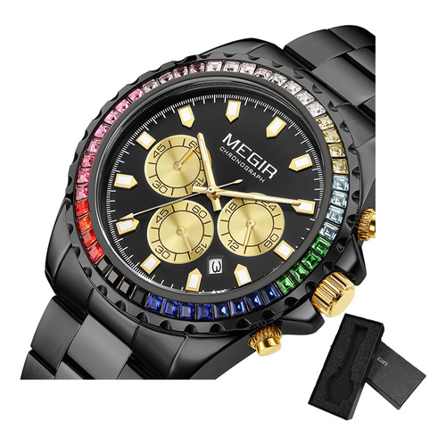 Reloj Cronógrafo Luminoso De Cuarzo Megir 2227 Color De La Correa Negro