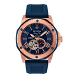 Reloj pulsera Bulova Marine Star 98A22 de cuerpo color oro rosa y azul, analógico, para hombre, fondo azul, con correa de silicona color azul, agujas color oro rosa y blanco, dial oro rosa, subesferas