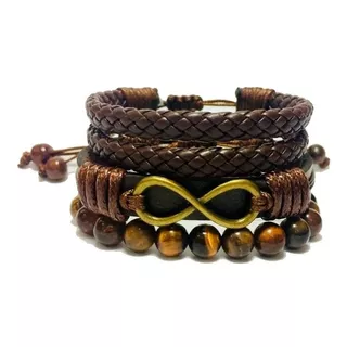 Pulseira Masculina Infinito Pedra Olho De Tigre Kit 3 Peças