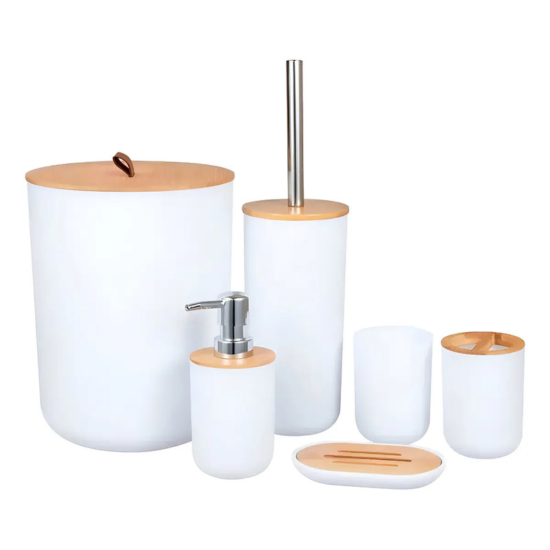 Kit Conjunto Banheiro 6 Peças Lixeira Com Tampa Bambu Plástico Organizador Decoração Lavabo Suporte Sabonete Liquido Escova de Dente Lixo Escova de Vaso Sanitario Shokki Cor Branco Kit Conjunto Banheiro 6 Peças Lixeira Com Tampa Bambu Plástico Organizador Decoração Lavabo Suporte Sabonete Liquido Escova de Dente Lixo Escova de Vaso Sanitario Shokki Cor Branco