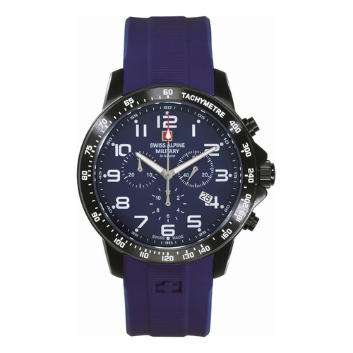 Reloj Swiss Alpine Military Ranger Chrono 7064.9875sam Malla Azul Bisel Negro Fondo Azul