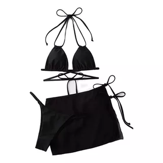 Traje Baño Mujer Bikini Negro Dama Salidas De Playa 3 Piezas