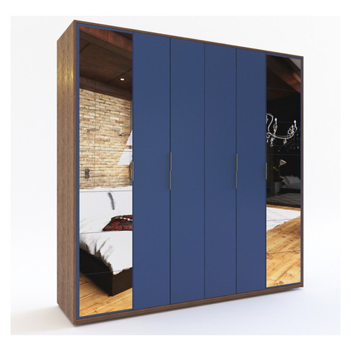 Ropero Placard Melamina Moderno 6 Puertas Abrir Con Espejos Color Roble Davos / Azul Cosmico