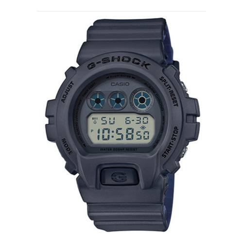 Reloj pulsera Casio G-Shock DW-6900 de cuerpo color gris, digital, para hombre, fondo gris, con correa de resina color gris, dial negro, subesferas color azul y negro, minutero/segundero negro, bisel color gris, luz azul verde y hebilla simple