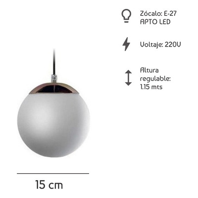 Colgante 1 Luz Globo 15cm Cobre Vidrio Opal Apto Led E27