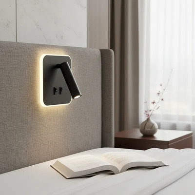 Aplique Cabecera Con Tecla Cuadrado Focus Negro Luz Desing Negro