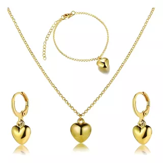Set Collar + Aretes + Pulsera Corazón Golden Baño Oro Mujer