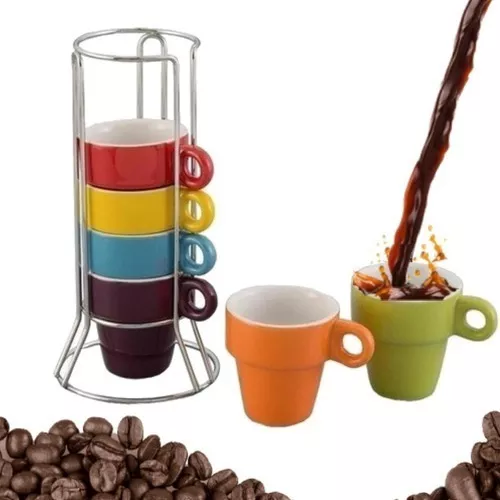 Jogo 6 Xícaras Café Chá Cappuccino Kit Cerâmica Suporte Inox