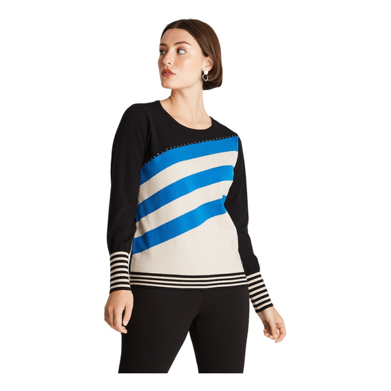 Sweater Diseño De Líneas Y Tachas Azul Cielo