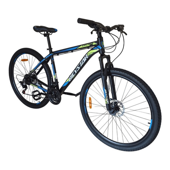 Mountain bike Bicystar MTB R26 21v frenos de disco mecánico color negro/azul con pie de apoyo