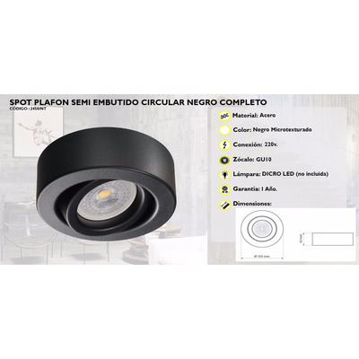 Spot Plafon Negro Movil Circular Apto Led Gu10 Luz Desing