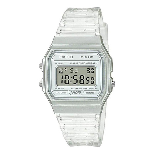 Reloj de pulsera Casio Collection F-91 de cuerpo color plateado, digital, para hombre, fondo gris, con correa de resina color transparente, dial negro, minutero/segundero negro, bisel color plateado y hebilla simple