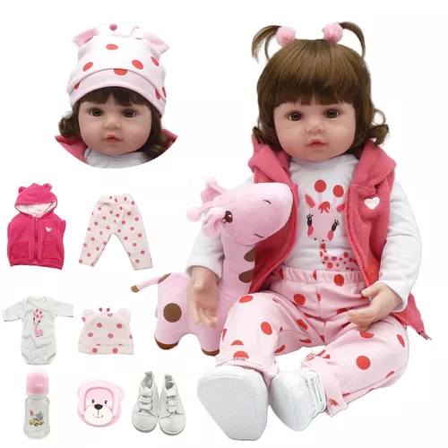 Boneca Bebê Reborn Silicone Menina Olhos Castanhos 48cm Com