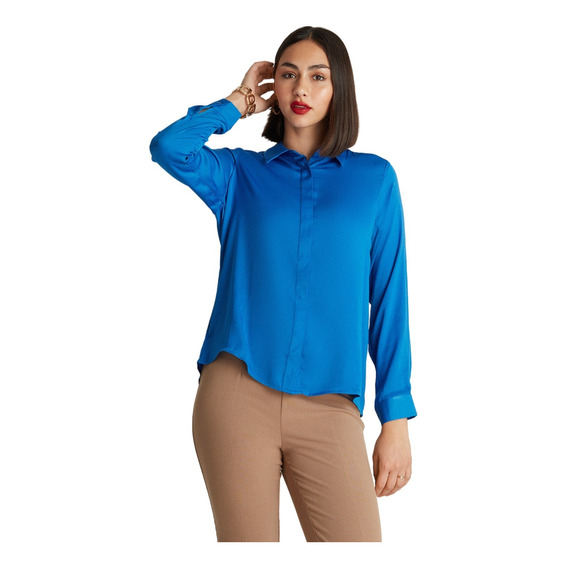 Blusa De Satín Con Botones Tapados Azul Cielo