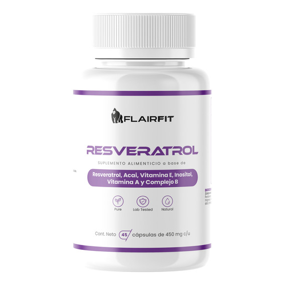 Suplemento Flairfit Resveratrol, Acai, Inositol, 45 Cápsulas