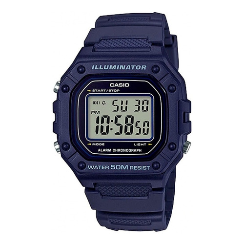 Reloj pulsera Casio Youth W-218H de cuerpo color azul, digital, para hombre, fondo gris, con correa de resina color azul, dial negro, minutero/segundero negro, bisel color azul, luz ámbar y hebilla simple