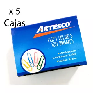 5 Cajas De Clips De Colores Nro 1 (33mm) Artesco 500 Clips 