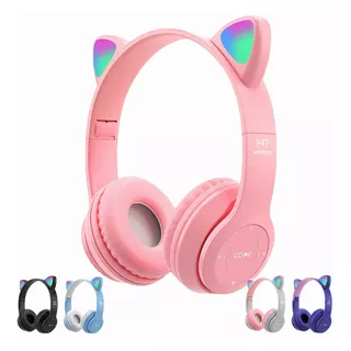 Audífonos Bluetooth 5.0 Luminoso Gato Diadema Para Niños Y Adultos, Gamer Audífonos Inalámbricos P47 Con Luz Led Plegable Carga Usb Rosa