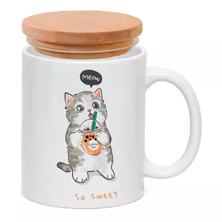 Caneca Porcelana Tampa Gatinho Gato Cha Bubble