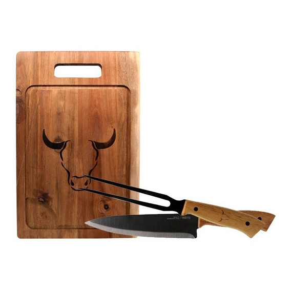 Set Parrillero Tabla + Cuchillo Y Pincho Wayu Asado Parrilla