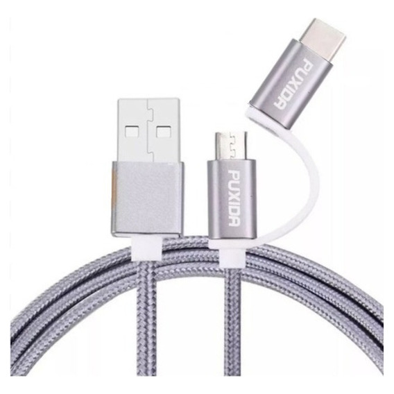 Cable 2 En 1 Usb Tipo C Y Micro 2.1a Puxida Celular Tablet Color Plateado