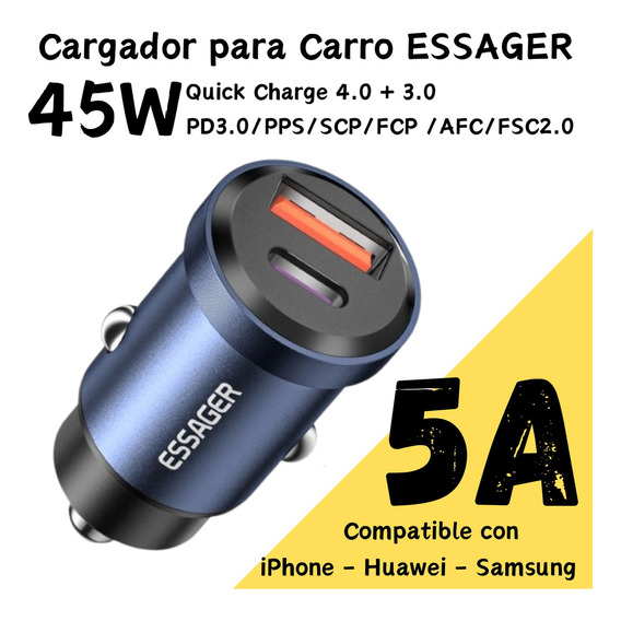 Cargador Carro Essager 45W USB-C + USB-A Para Samsung 45W/ iPhone - Xiaomi 27W/ Huawei - Oppo - Realme 22.5W Azul