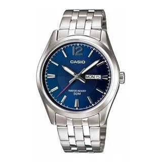 Reloj Casio Hombre Mtp 1335 Fondo Azul Sumergible. Color De La Correa Plateado Color Del Bisel Plateado