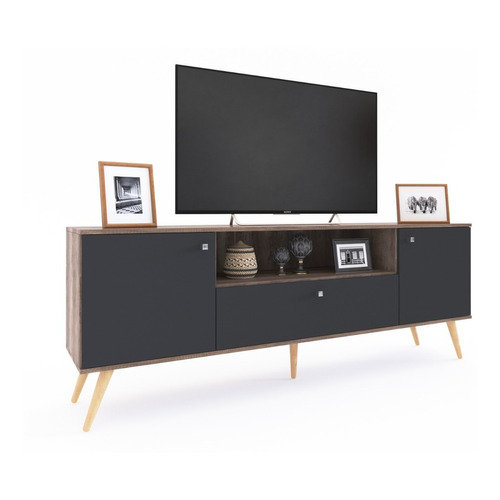 Rack Mueble Para Tv 65 Nordico / Escand. Melamina 3 Ptas + + Color Roble Nebraska Gris con Gris Sombra