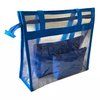 Bolsa De Praia Transparente Ombro Cristal Com 2 Necessaires Cor Azul Desenho Do Tecido Lisa