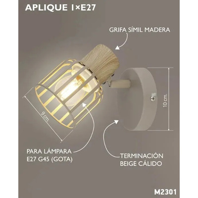 Aplique 1 Luz Beige + Símil Madera Apto Led E27 Mks Beige/ Simil Madera