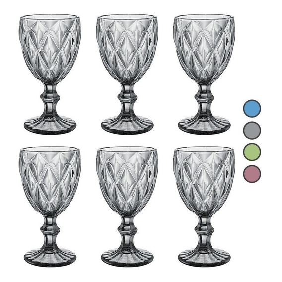 Juego 6 Copas Vino Agua Cristal Labrado Vidrio Color Vintage Color Humo