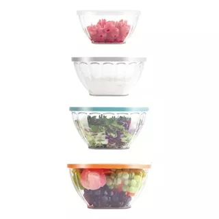 Ensaladera Bowls Kit X4 Transparente Colores Tapa Silicona Color Blanco