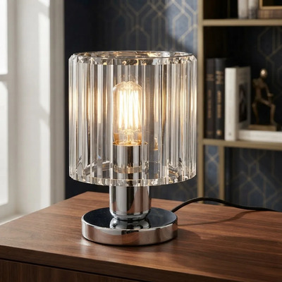 Lampara Velador Prisma R Cristal Cromo Apto Led E27 Cromo Cristal
